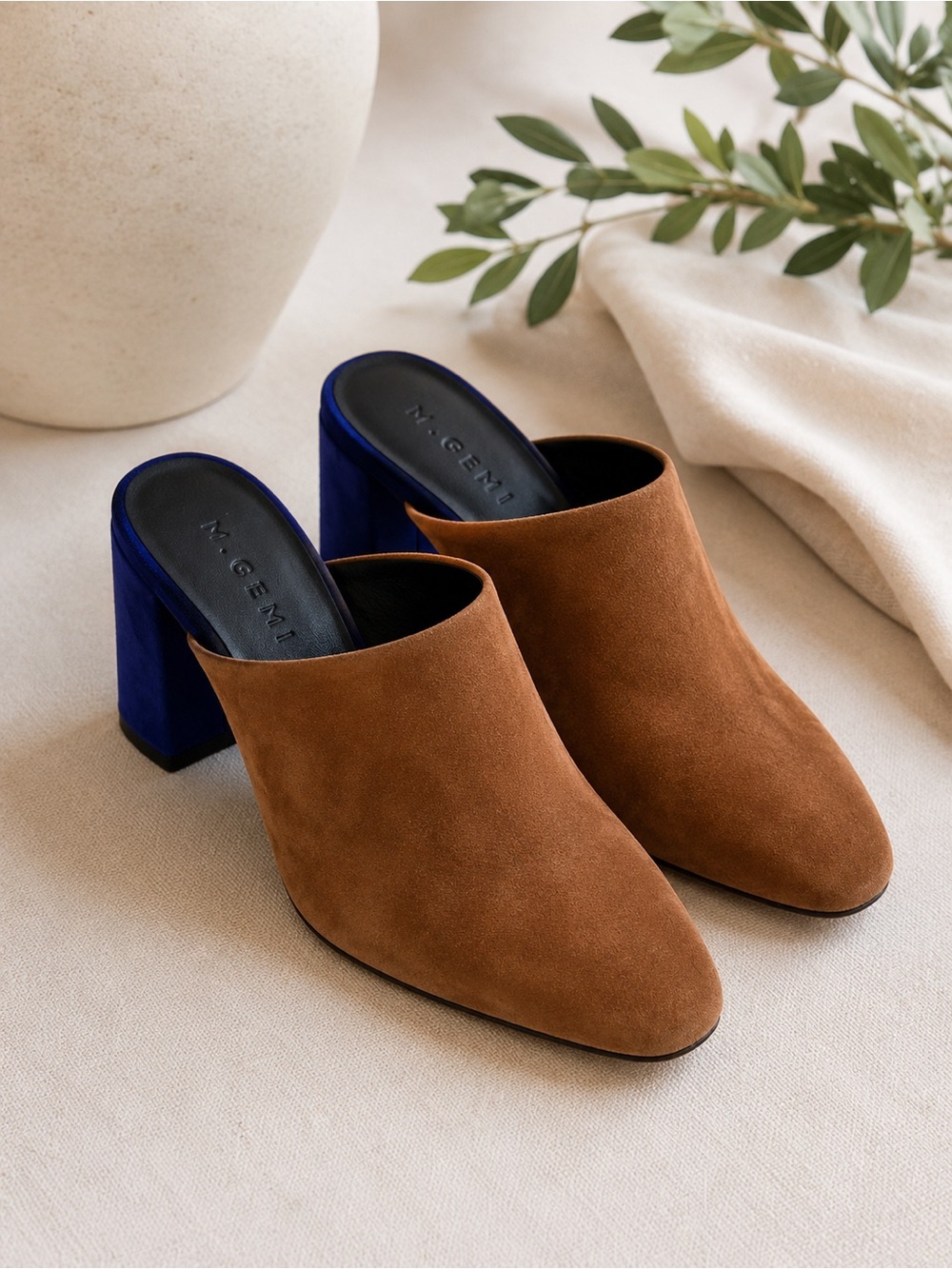 M.Gemi Made in Italy Suede Brown Mule with Navy Block Heel